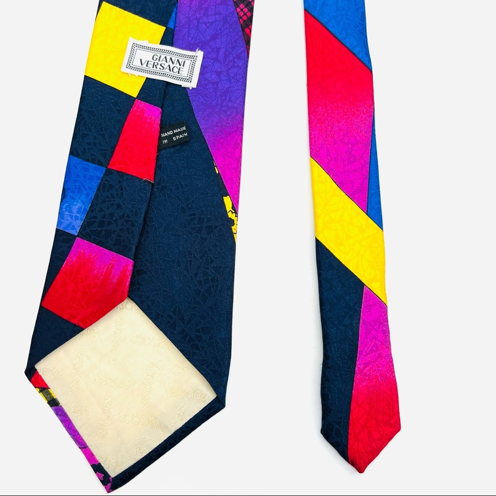 Gianni Versace Multicolored Color Block Plaid Floral Vintage Silk Tie - Picture 9 of 12